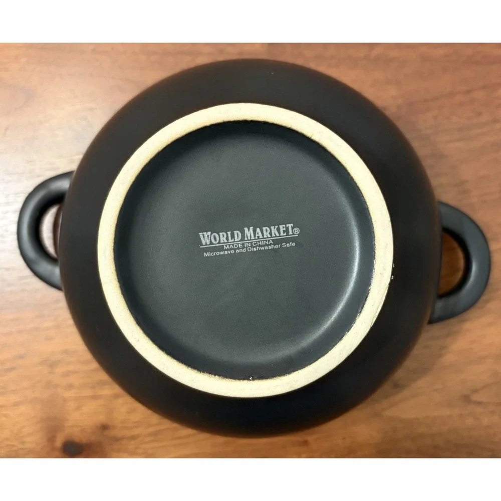 World Market Ramen Noodle Bowl Black Matte Ceramic Yellow Interior with Handles
